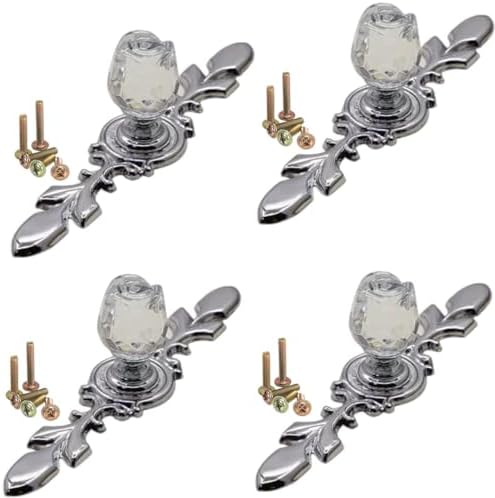4 Pack Rose Flower Drawer Dresser Knobs with Plate