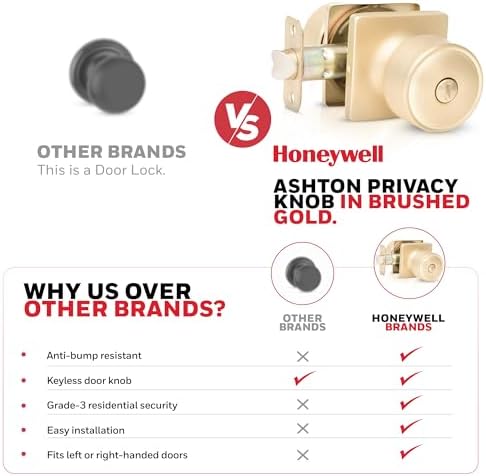 Honeywell 8103614 Brushed Gold Door Knob with Privacy Lock