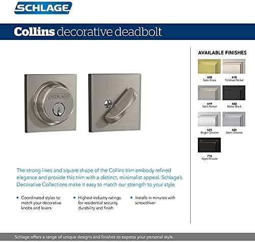 SCHLAGE Deadbolt with Collins Trim Satin Brass Modern Style Security