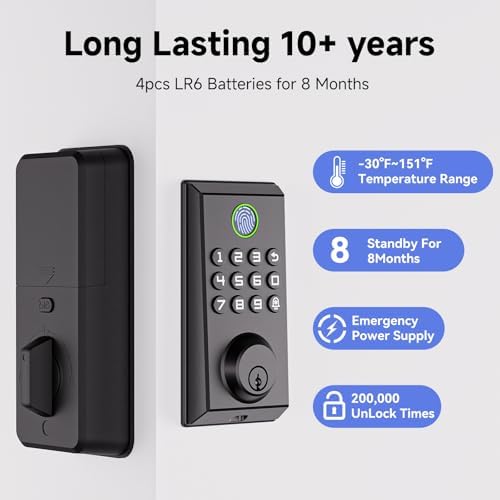 Smart Deadbolt with Alexa TuyaFingerPrint Entry Black Includes Camera