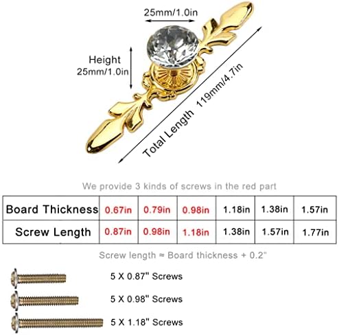 5 Pack Gold Diamond Clear Crystal Cabinet Knobs with Plate and Screws