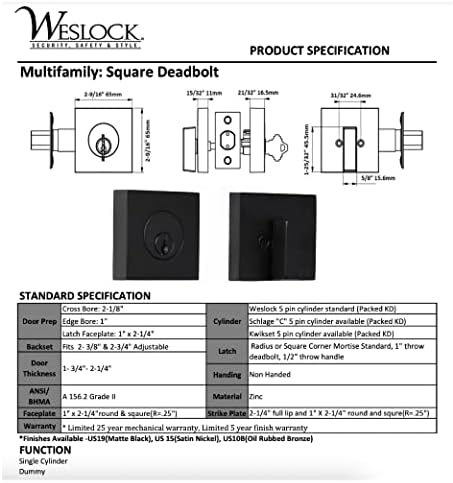Weslock Square Deadbolt Matte Black