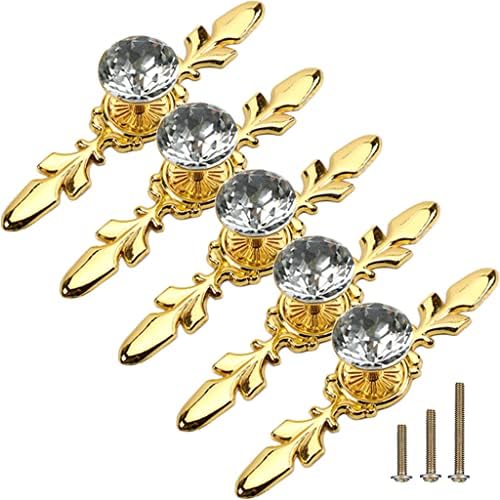 5 Pack Gold Diamond Clear Crystal Cabinet Knobs with Plate and Screws