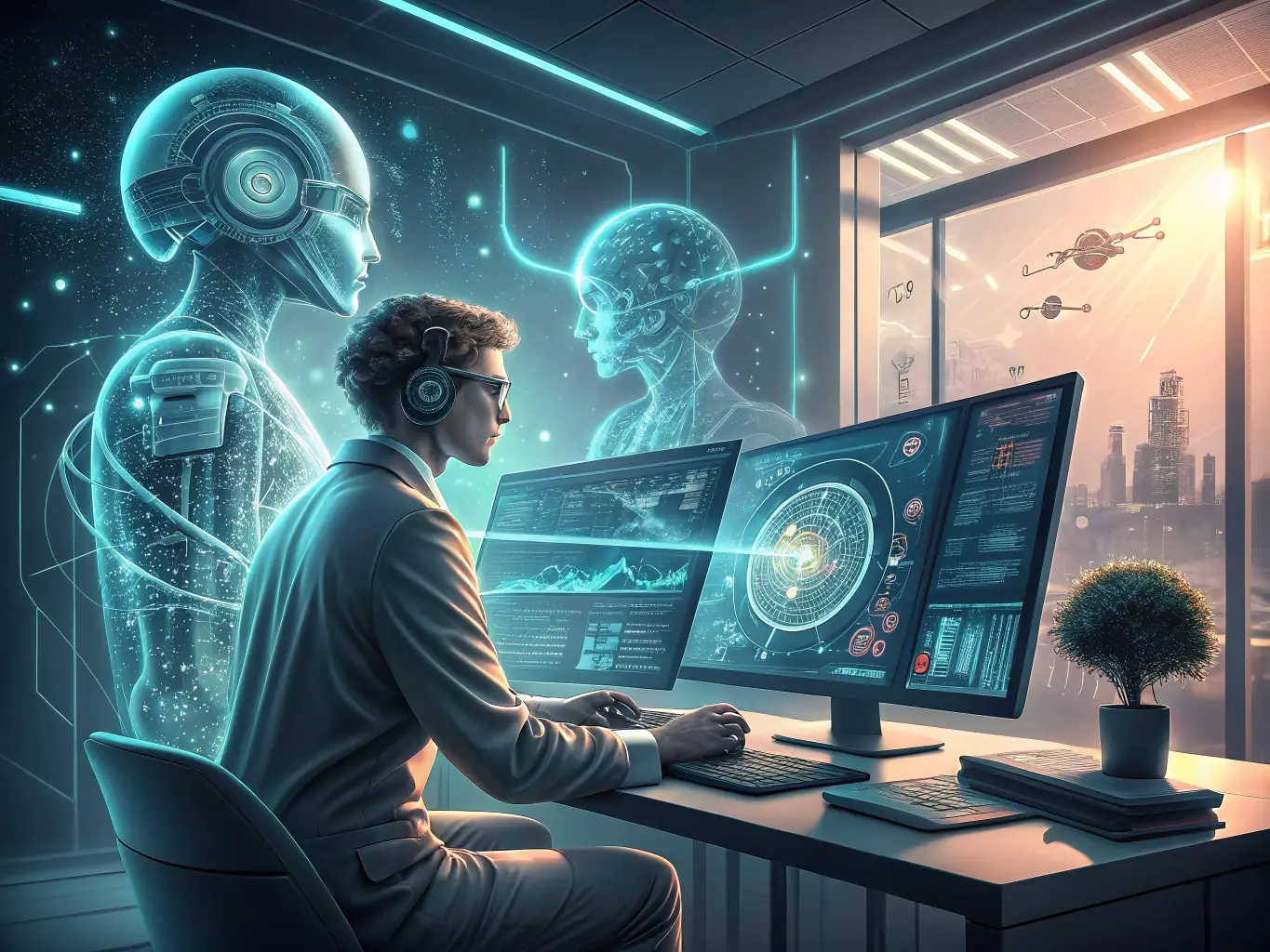 An AI specialist working on a complex algorithm, showcasing the integration of artificial intelligence in business solutions.