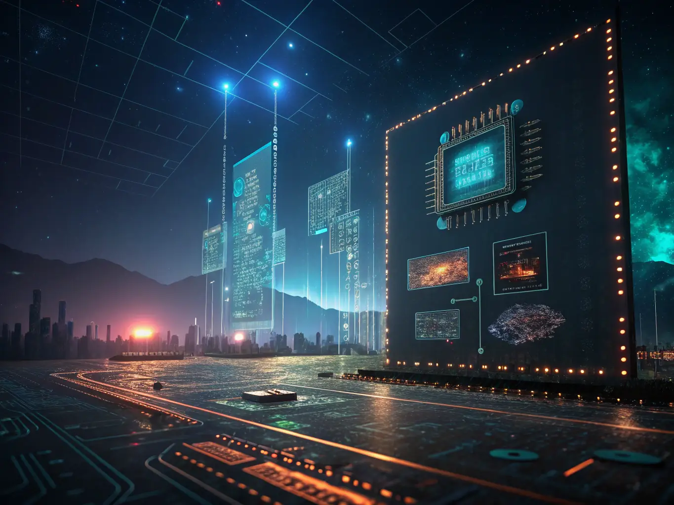An image depicting AI technology in action, with data analytics and machine learning algorithms being applied to business data.