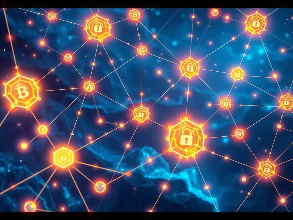 An image illustrating blockchain technology with interconnected nodes and secure transactions, emphasizing security and transparency.
