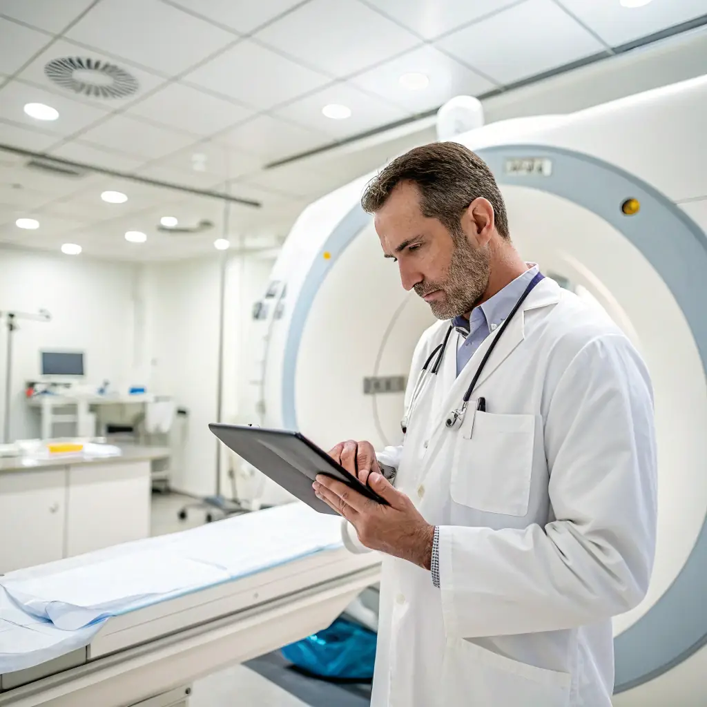 A doctor examining a patient's medical record on a tablet in a modern hospital setting, showcasing the use of technology in healthcare.