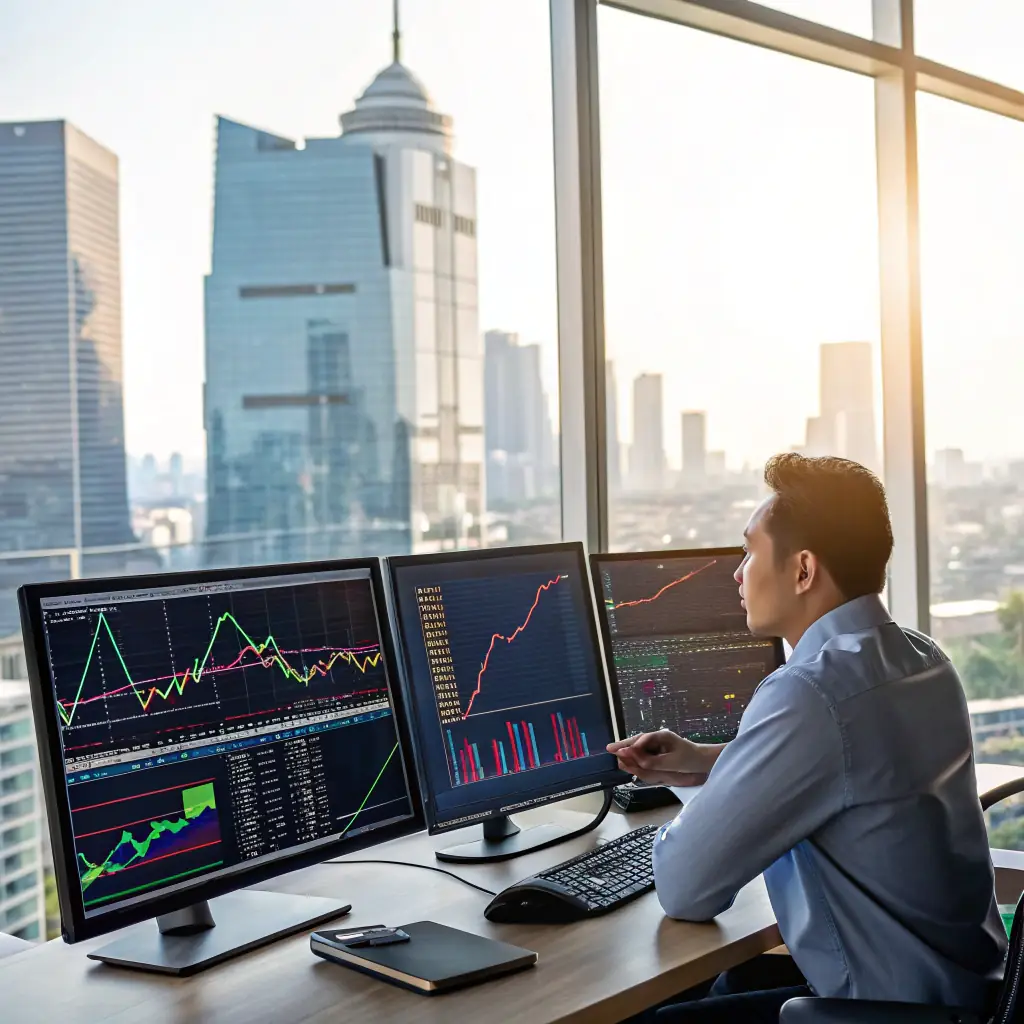 A financial analyst reviewing stock market data on multiple monitors in a high-tech office environment, representing the use of data analytics in finance.