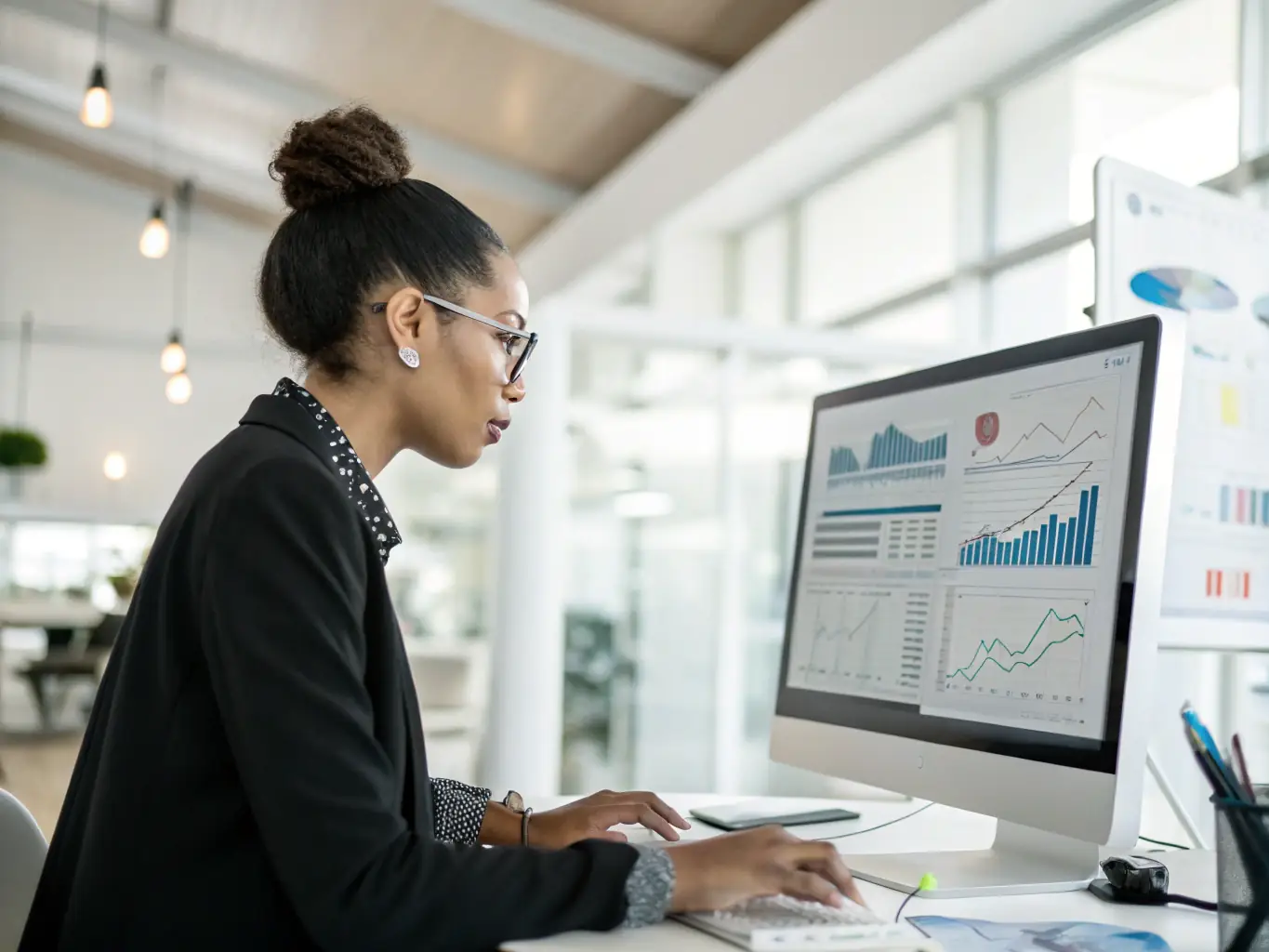 A consultant in a modern office setting, reviewing data analytics on a large screen with a client, focusing on strategic insights.