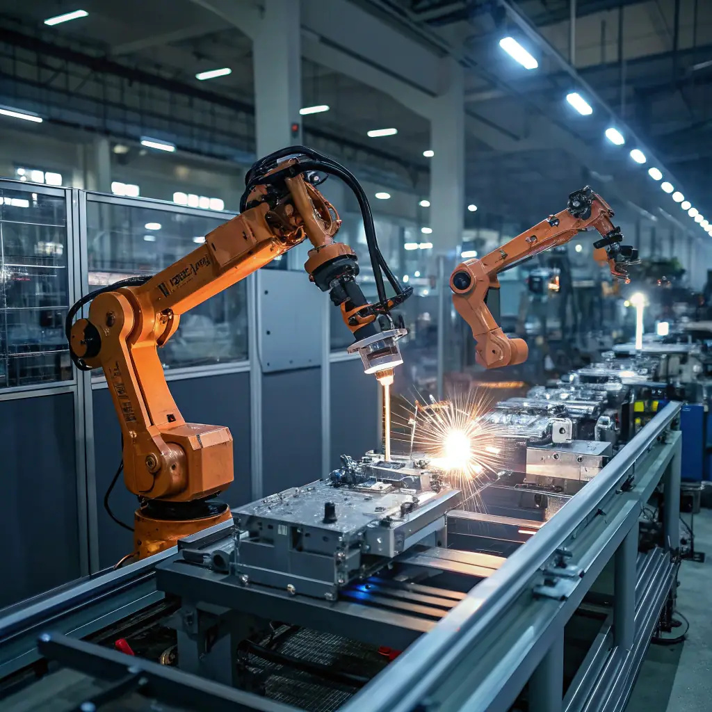 A robotic arm assembling a product on a manufacturing line in a smart factory, illustrating the automation and efficiency in modern manufacturing.